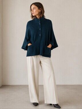 Parfois Teal Knit Cape Cardigan Medium Mock Neck Snap Front Pockets